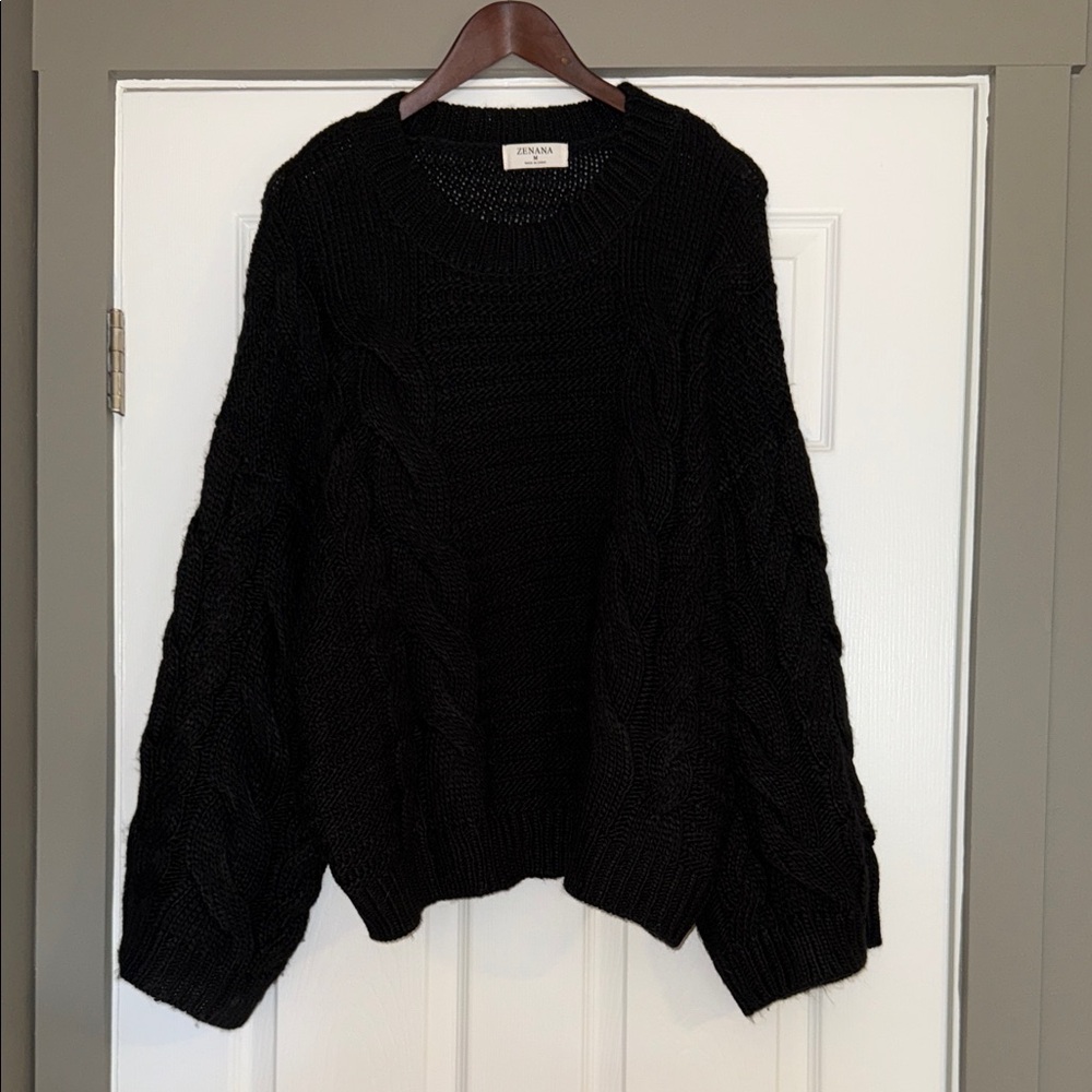 Zenana Wide Sleeve Black Cable Knit Sweater